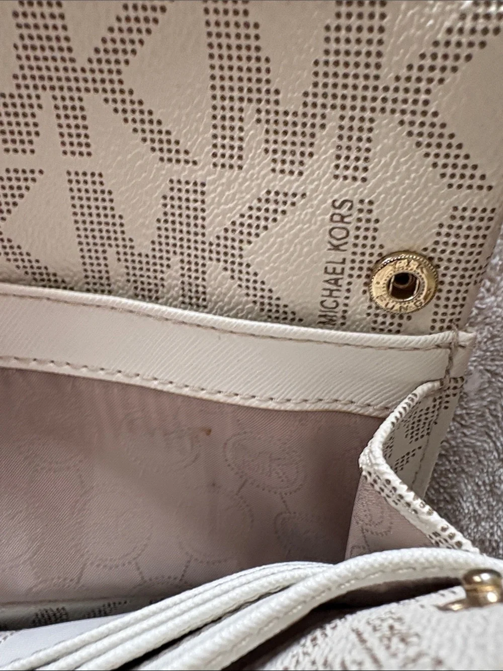 Michael Kors White and Brown MK Monogram Crossbody Bag